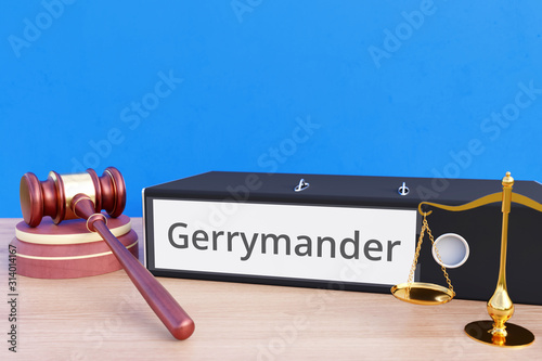 Gerrymander – Folder with labeling, gavel and libra – law, judgement, lawyer photo