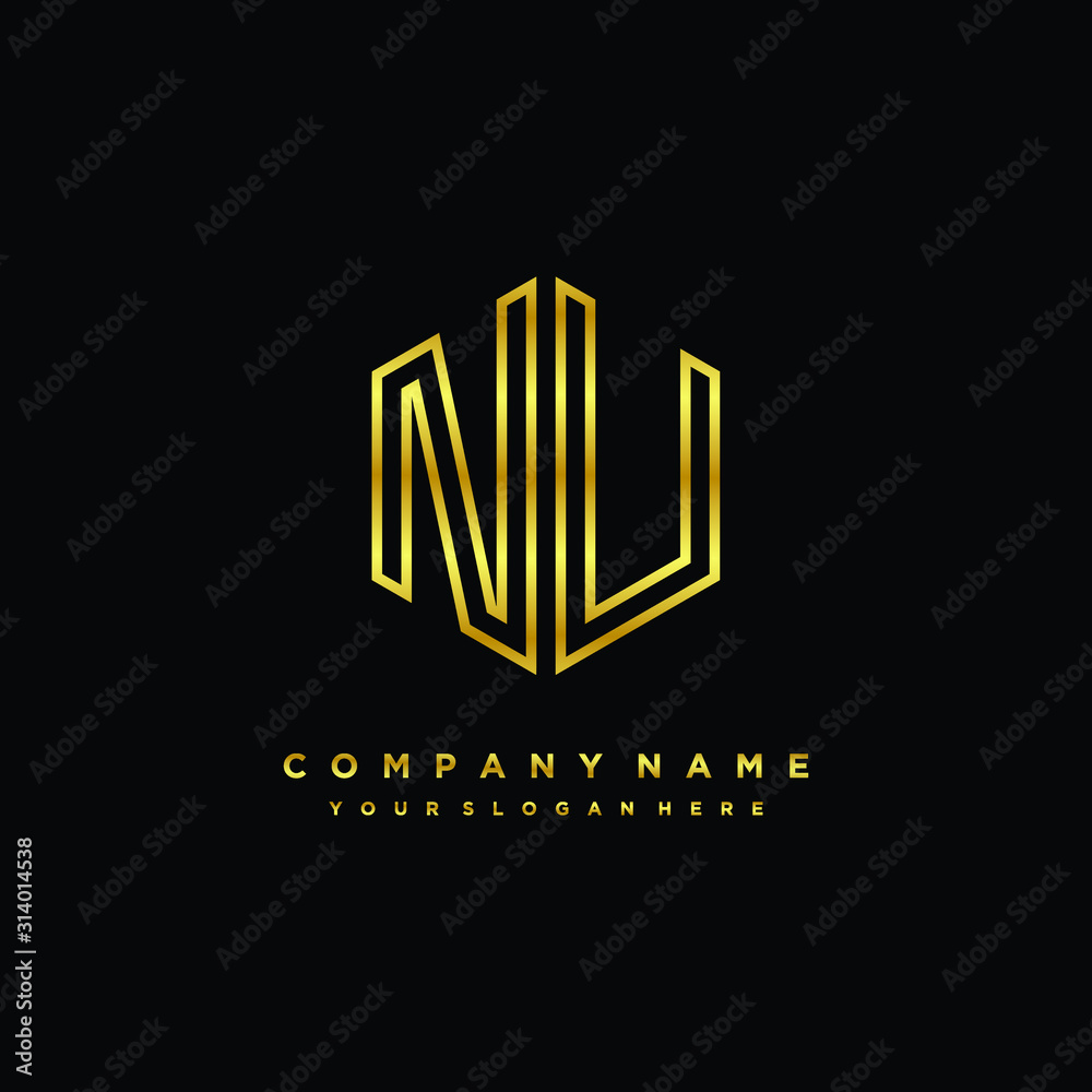 Initial letter NU , minimalist line art monogram hexagon logo, gold color