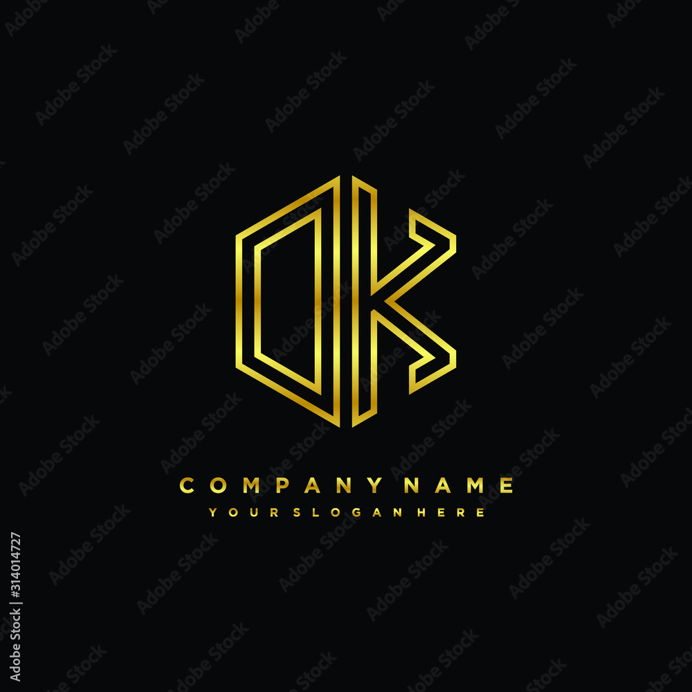 Initial letter OK, minimalist line art monogram hexagon logo, gold color Initial letter OK, minimalist line art monogram hexagon logo, gold color
