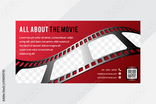 Cinema concept horizontal banner design template with wave roll film strip. realistic detailed vector illustration. gradient red pink color background. roll film shape for photo space.