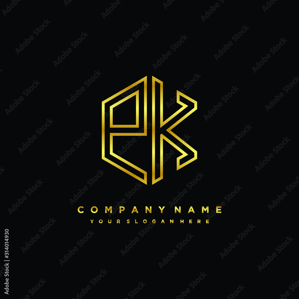 Initial letter PK, minimalist line art monogram hexagon logo, gold color Initial letter PK, minimalist line art monogram hexagon logo, gold color