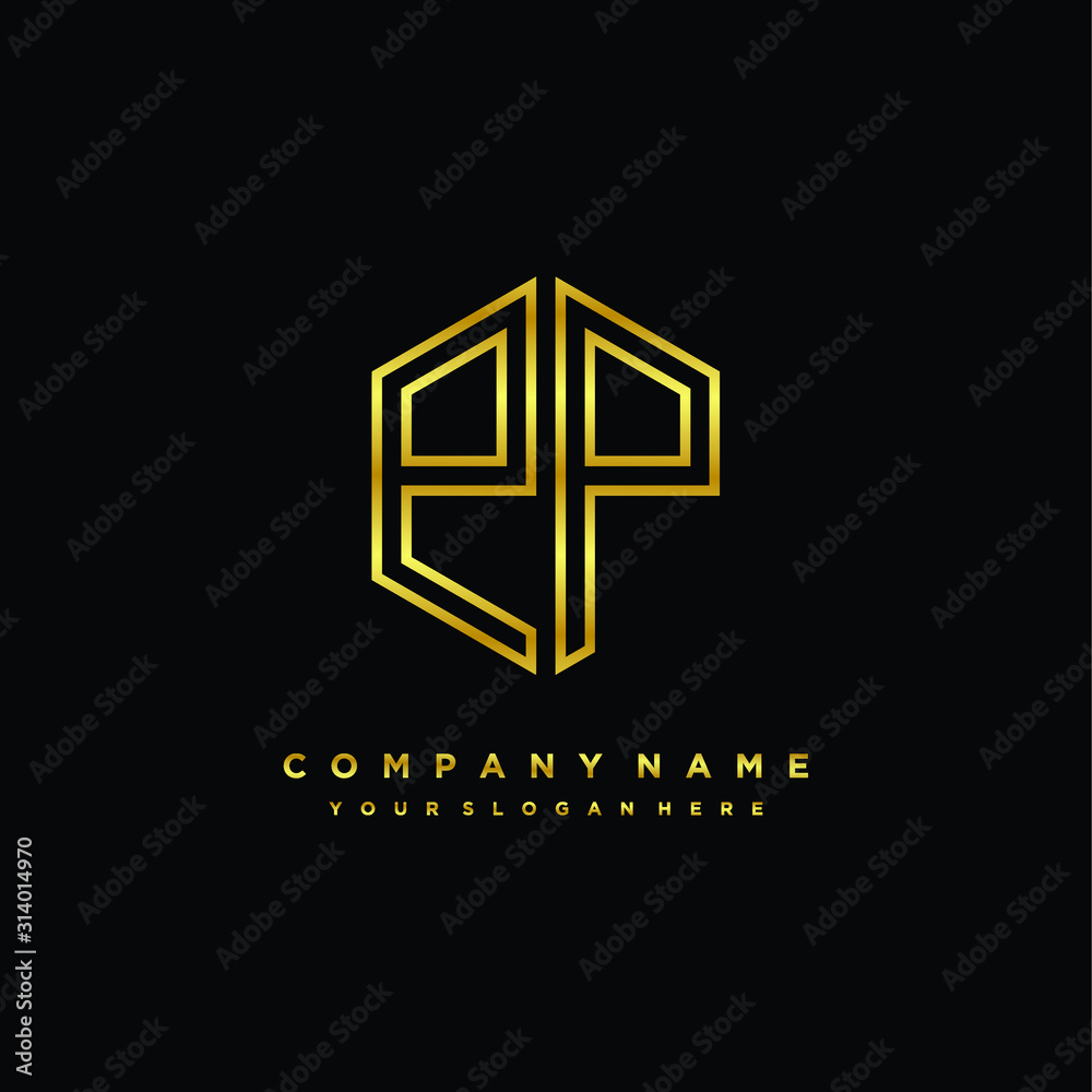 Initial letter PP, minimalist line art monogram hexagon logo, gold color Initial letter PP, minimalist line art monogram hexagon logo, gold color