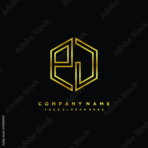 Initial letter PJ, minimalist line art monogram hexagon logo, gold color
