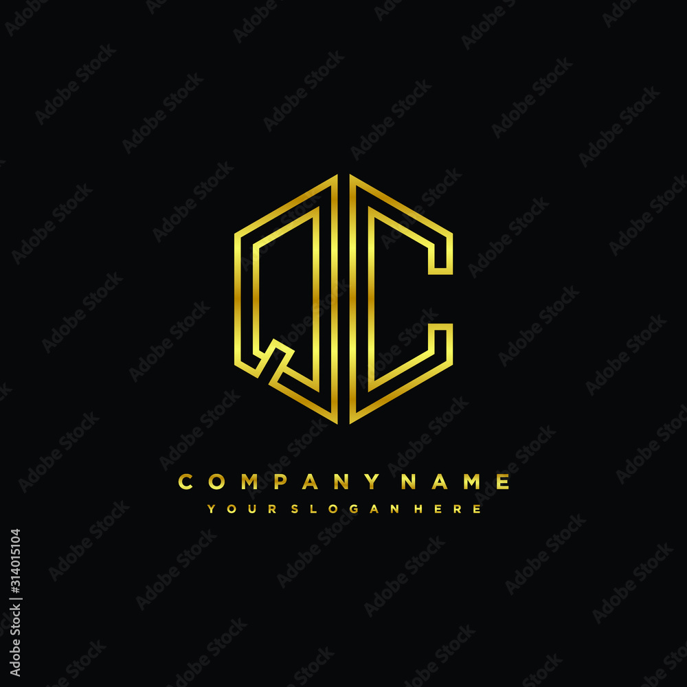 Initial letter QC, minimalist line art monogram hexagon logo, gold color Initial letter QC, minimalist line art monogram hexagon logo, gold color