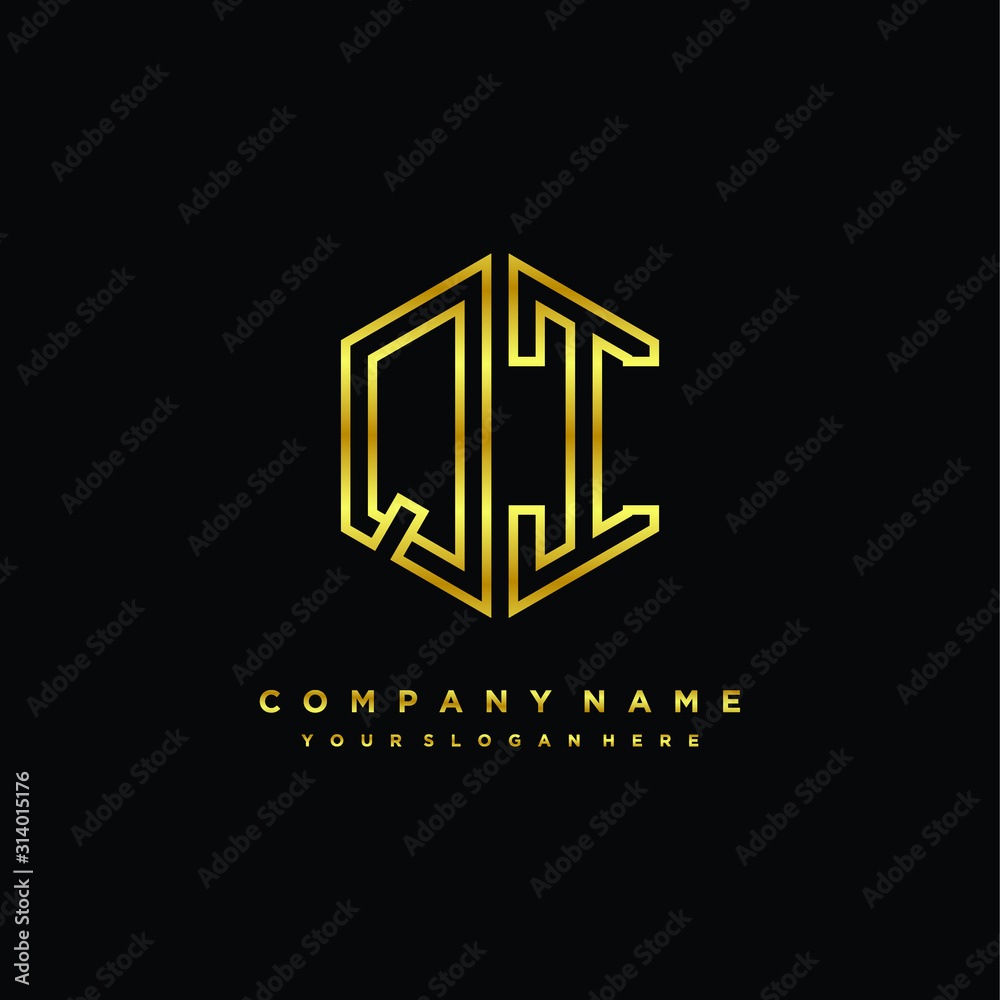 Initial letter QI, minimalist line art monogram hexagon logo, gold color