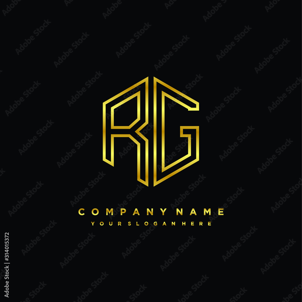 Initial letter RG, minimalist line art monogram hexagon logo, gold color