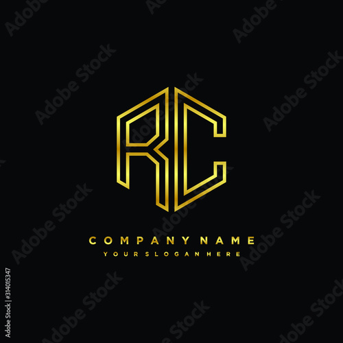 Initial letter RC, minimalist line art monogram hexagon logo, gold color