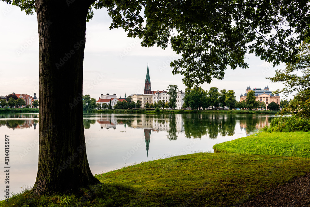 Cityscape of historic centre of Schwerin and Burgsee lake, Germany