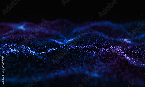 Abstract digital colorful circle particle in blue and violet color on black background. 3D illustration