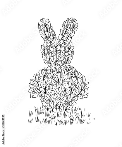  Garden figure of a hare. Shrub sculpture. Artistic pruning of the bush. Contour image. Design element. Vector illustration.