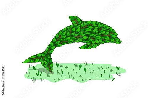  Garden figure of a dolphin. Shrub sculpture. Artistic pruning of the bush. Multi-colored image. Design element. Vector illustration.