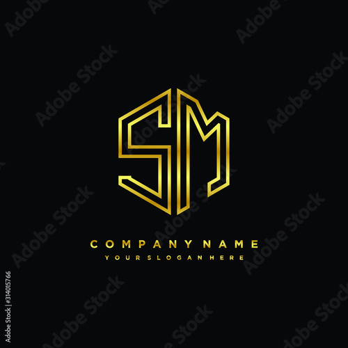 Initial letter SM, minimalist line art monogram hexagon logo, gold color