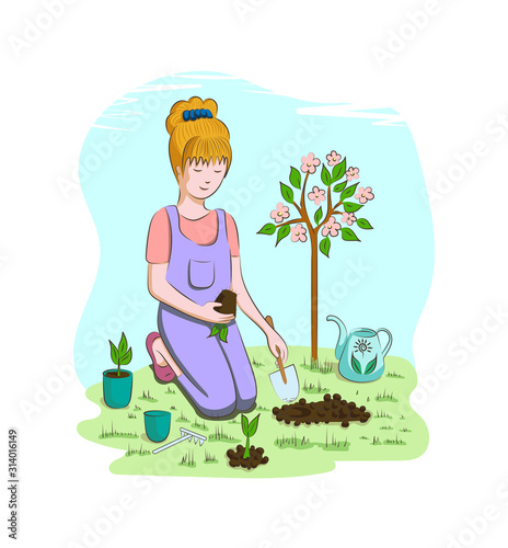 Work in the garden. Girl draws a flower bed. Design element. Vector illustration.