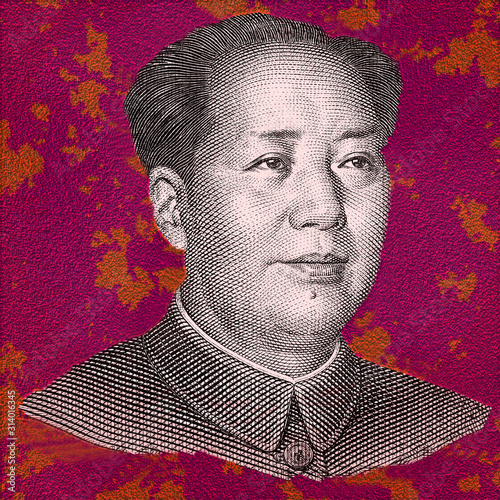 Mao Zedong portrait close up isolated on multicolor background. Fragment of chinese banknote