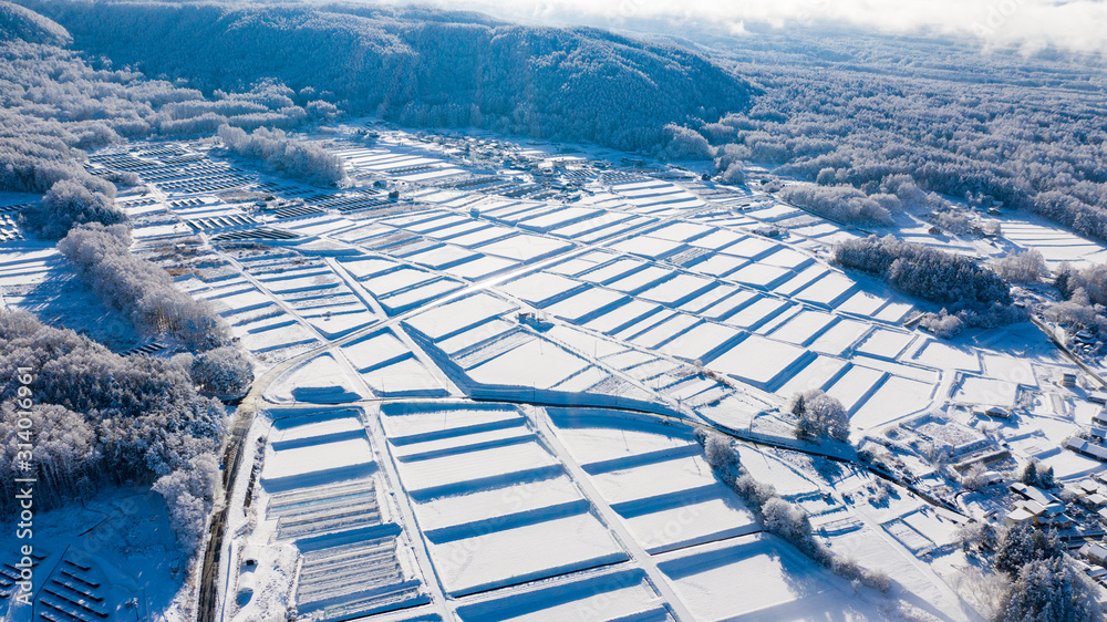 Japanese rice fields covered with snow D