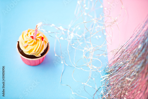  Birthday cake. Happy birthay. Festive cake with cream and sprinkled with small hearts. The sweetness on birthday. Valentine's day cake.