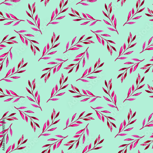 Pattern of pink leaves and decorative elements with butterflies and snails on a colored background