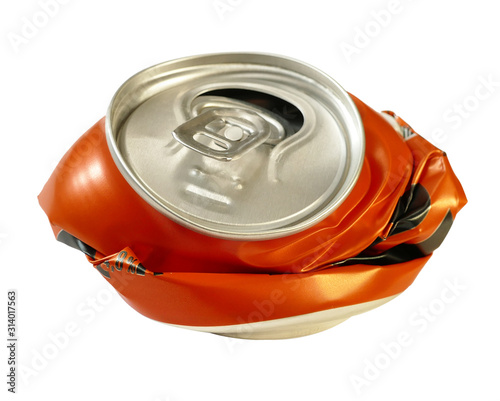 crumpled tin can on a white background