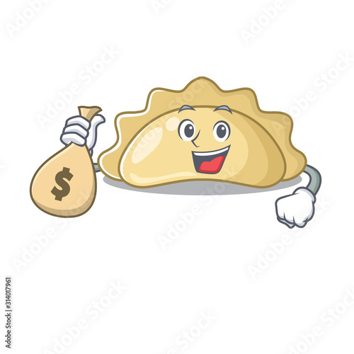 Happy rich pierogi cartoon character with money bag