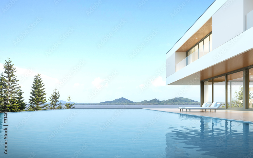 Perspective of luxury modern house with swimming pool in day time on pine trees and  sea background, Idea of minimal architecture design. 3D rendering.
