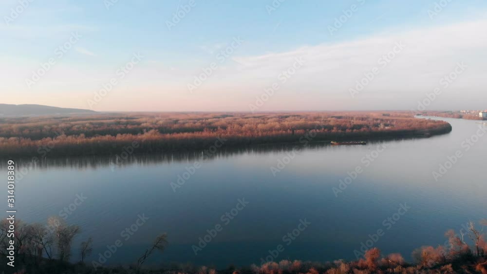 Wonderful aerial view of Danube river, a nature painting, beautiful mountains in the background, Pan camera. Wonderful aerial view of Danube river, a nature painting, beautiful mountains in the background, Pan camera.