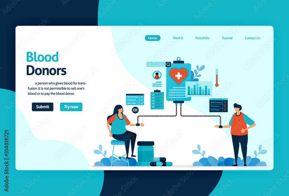 Vector flat illustration template of Blood donation and Charity. June 14 in blood donor day, medical check-up awareness, Transfusion in hospital. for banner, landing page, web, website, mobile apps