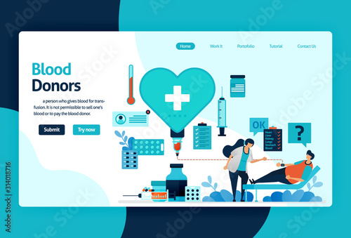 Vector flat illustration template of Blood donation and Charity. June 14 in blood donor day, heart with a red cross symbol, medical check-up awareness. for banner, landing page, web, website, mobile
