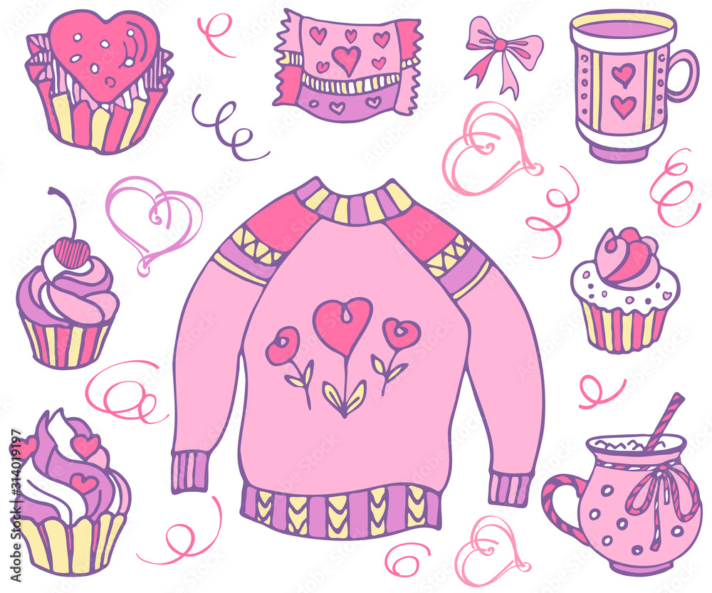 Cupcake, pullover, cup, heart and love. Set with valentines day. Vector isolated objects for your design. Hand drawn collection. Vector illustration EPS 8.