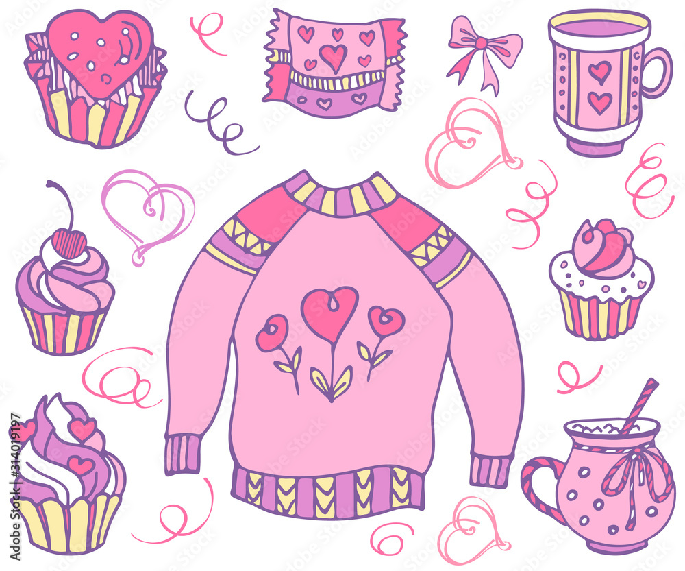 Cupcake, pullover, cup, heart and love. Set with valentines day. Vector isolated objects for your design. Hand drawn collection. Vector illustration EPS 8. Cupcake, pullover, cup, heart and love. Set with valentines day. Vector isolated objects for your design. Hand drawn collection. Vector illustration EPS 8.