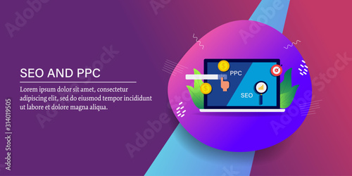 Seo optimization and ppc management, digital marketing concept. Modern web banner, template, presentation.