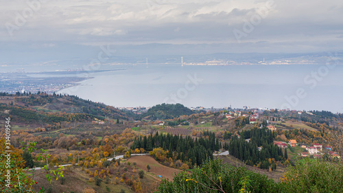 Breathtaking panoramic view of the southern coast of the Marmara sea with Osmangazi bridge in the background. December 2019