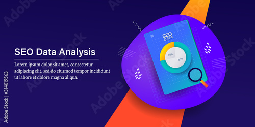 Seo data analytic, seo software application concept. Web banner template, presentation.