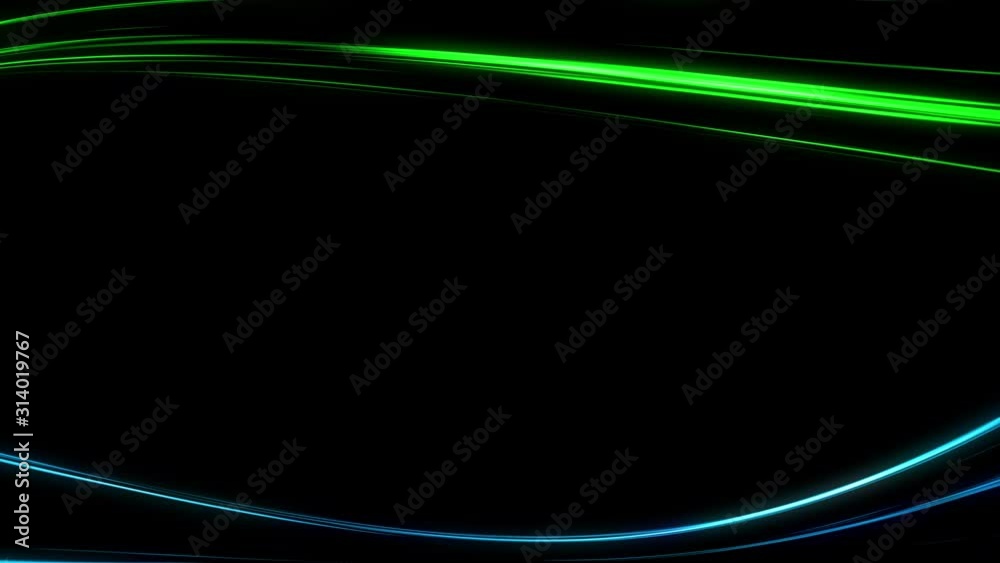 Green and blue glowing lines in motion against a black background
