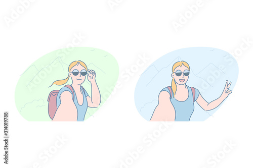 Selfie outside, woman taking pictures concept