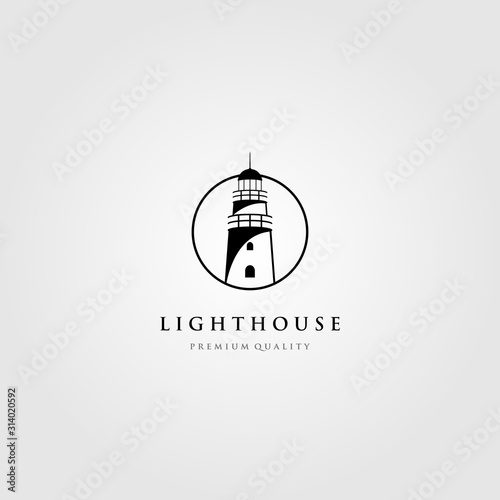 line art lighthouse logo tower in circle frame vector illustration design