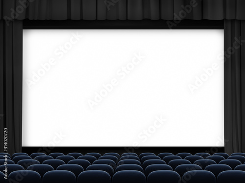 cinema big screen with black curtain frame and blue seats