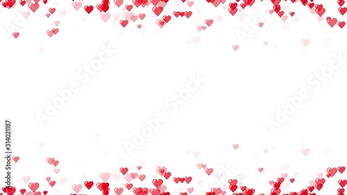 animation of red hearts falls down from top and flies up from bottom, on white background, copy space, perfect to use for titles or gift cards, for valentine day or romantic love 