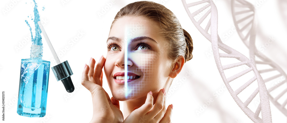 Technological scanning of female face among DNA stems. - obrazy, fototapety, plakaty 