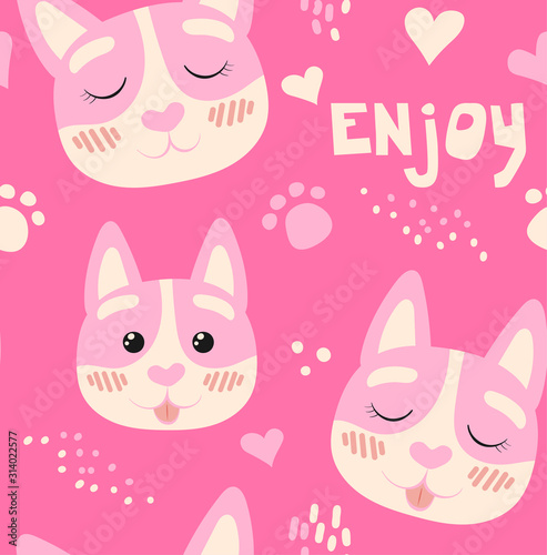 Seamless pattern. Cute faces of cats on the background of various graphic elements. Flat illustration.