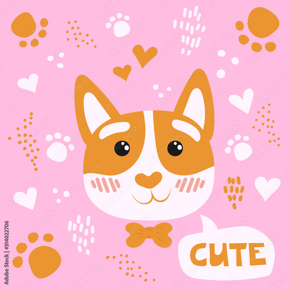 Cute cat face. Flat vector illustration on the background of various graphic elements. Cute cat face. Flat vector illustration on the background of various graphic elements.
