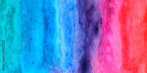 Abstract watercolor background bright pink red purple violet blue green with red spot. Hand drawn. The texture of the paper