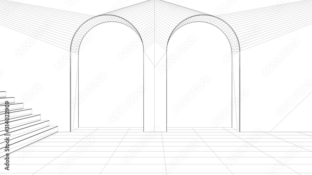 Obraz premium Blueprint project draft, imaginary fictional architecture, interior design of empty space with arched window, staircase, concrete walls, terrace