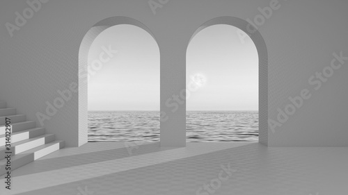 Imaginary fictional monochrome architecture, interior design of empty space with arched window, staircase, concrete walls, terrace with sunrise sunset sea panorama, clear sky, moon