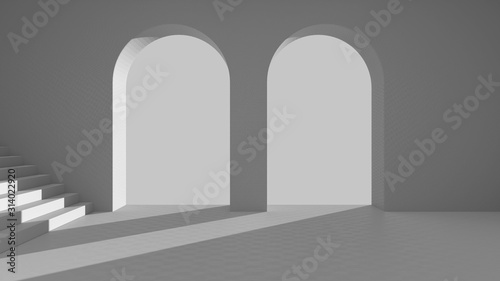 Fototapeta Naklejka Na Ścianę i Meble -  Total white project draft, imaginary fictional architecture, interior design of empty space with arched window, staircase, concrete walls, terrace
