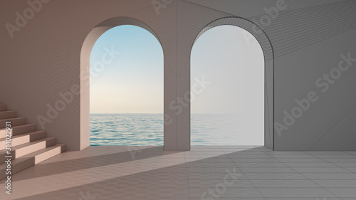 Architect interior designer concept: unfinished project that becomes real, imaginary fictional architecture, interior design of empty space with arched window, staircase, concrete walls