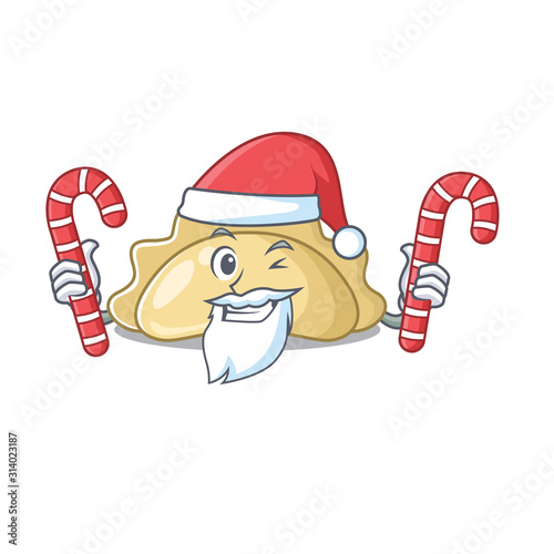 Pierogi Cartoon character in Santa costume with candy