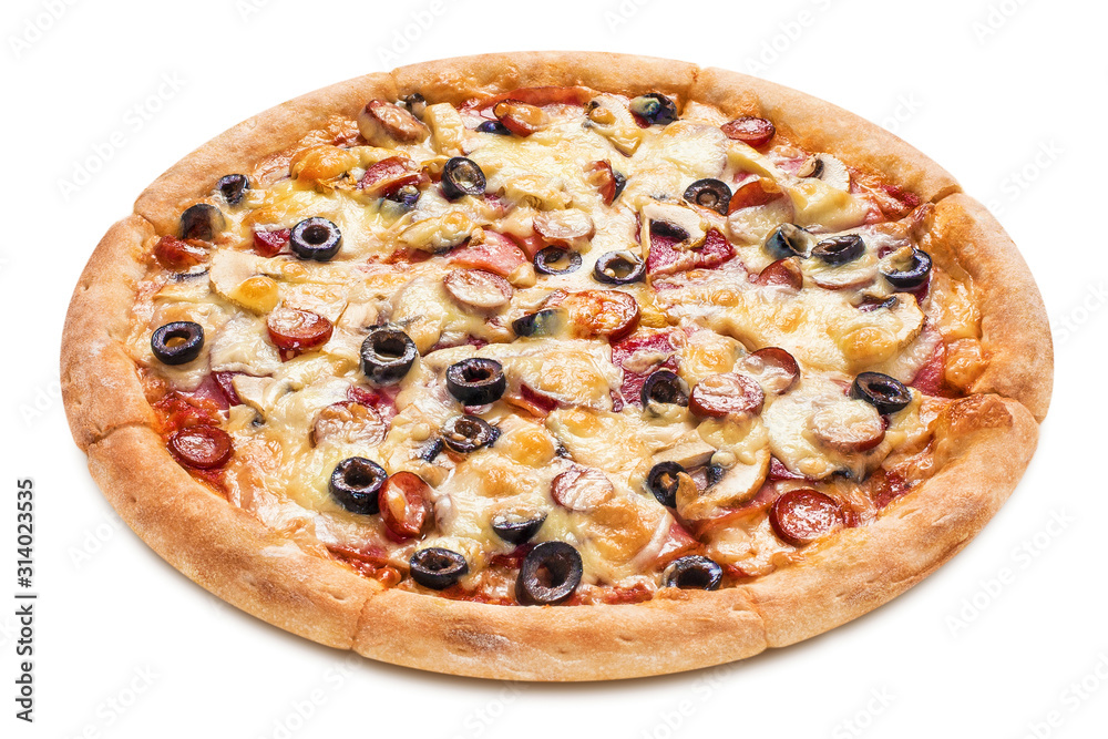 Delicious pizza with salami, ham, sausages, champignon mushrooms, olives, mozzarella and tomato sauce, isolated on white background