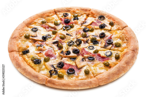 Delicious pizza with bacon, champignon mushrooms, capers and olives, isolated on white background