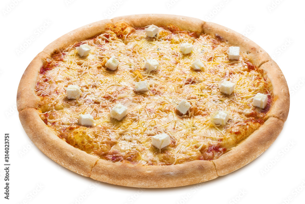 Delicious pizza with 4 cheeses (mozzarella, parmesan, cheddar and feta), isolated on white background