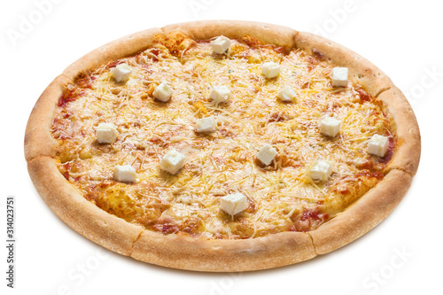 Delicious pizza with 4 cheeses (mozzarella, parmesan, cheddar and feta), isolated on white background